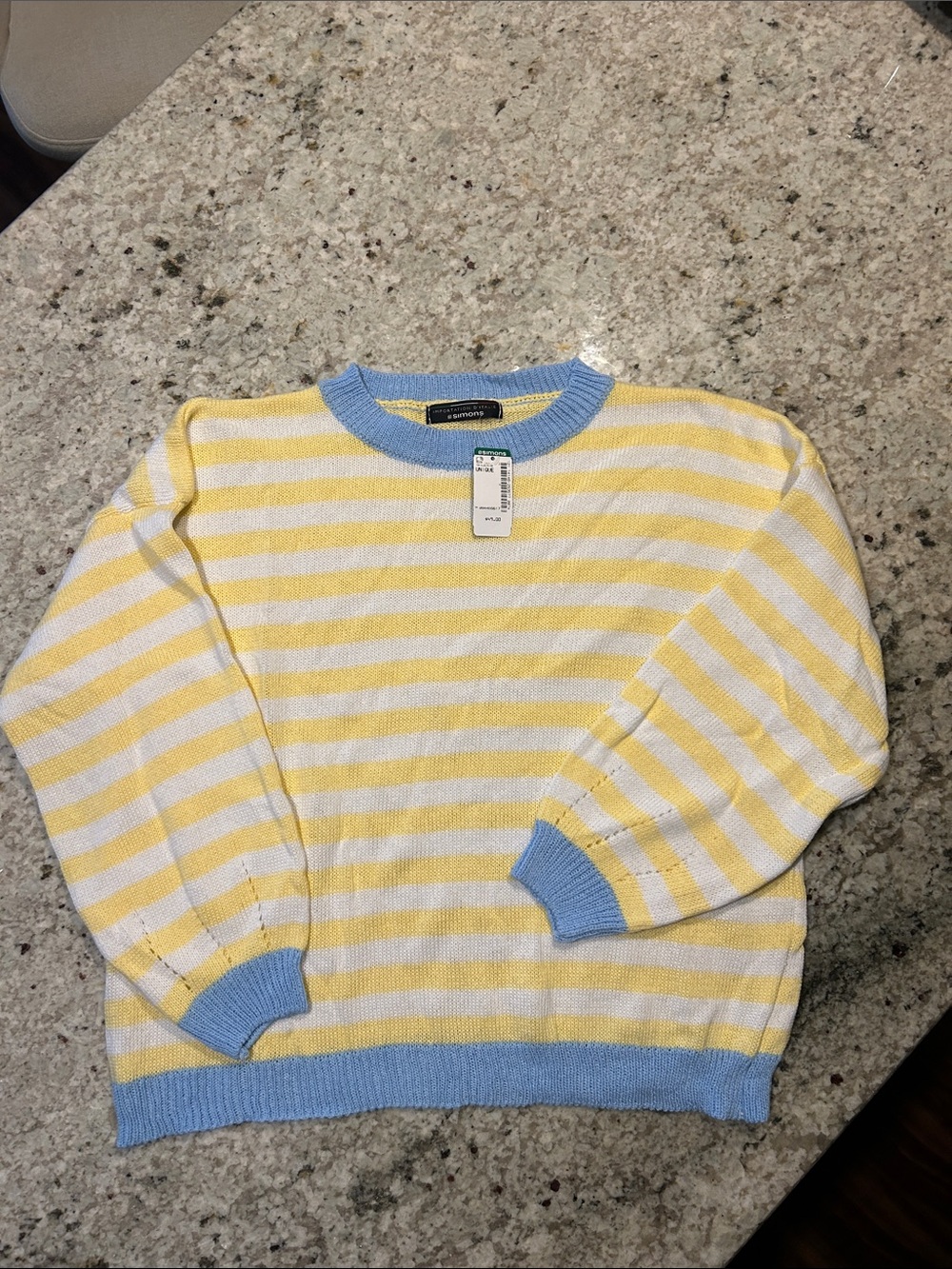 Simons Yellow & White Striped Crewneck Sweater with Light Blue Trim